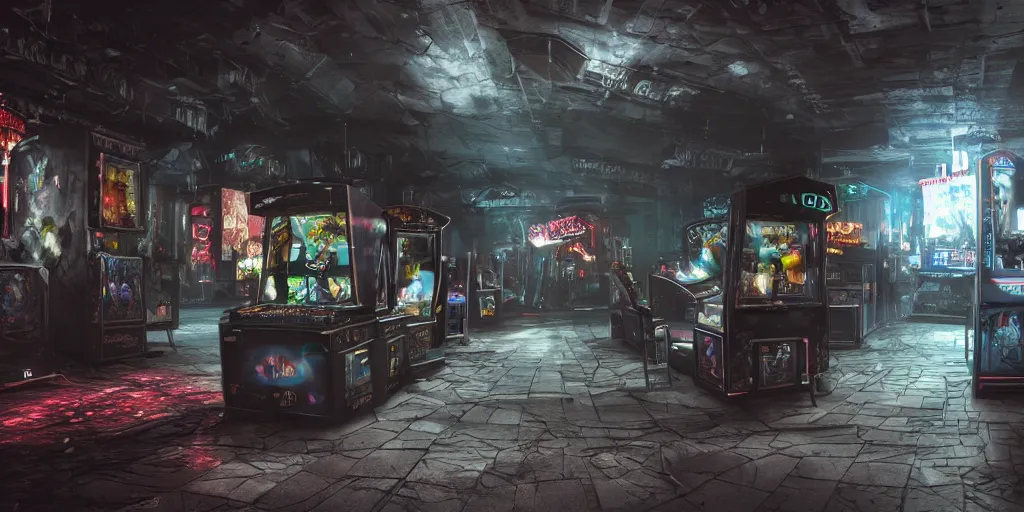 Image similar to Nightmare arcade, ultra wide cinematic angle, hyperrealism, photo realistic, photorealism, ethereal atmosphere, octane render, highly detailed, hyper realistic, cinematic, 8k,