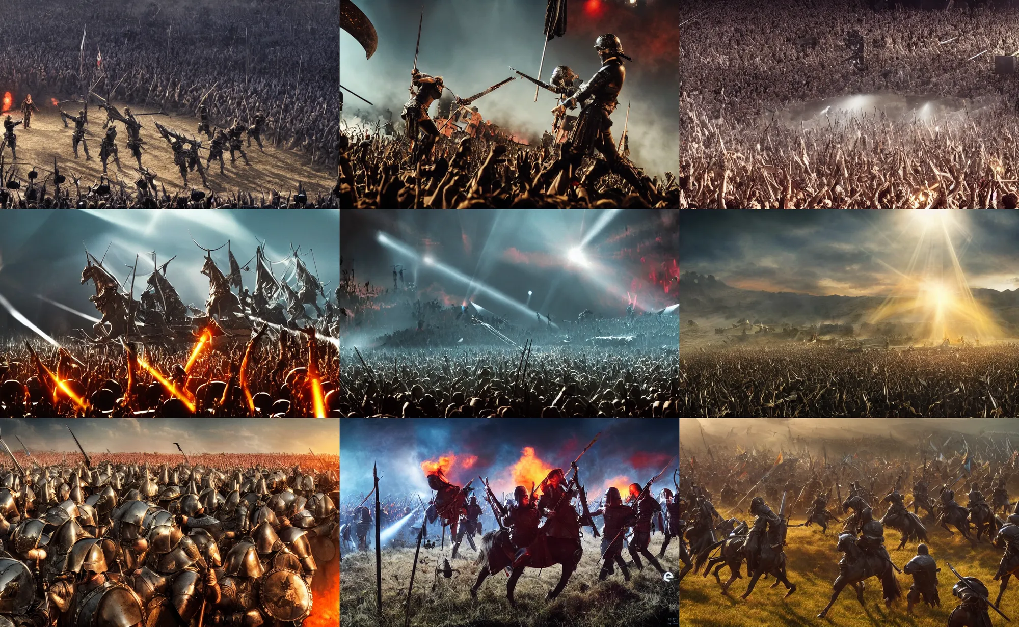 Prompt: epic cinematic close up artwork of depeche mode performing on the battlefield with medieval warriors watching by greg rutowski, 4 k, sun rays, masterpiece