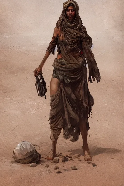 Image similar to a full body portrait of a beautiful post apocalyptic offworld desert bedouin blind beggar by the well, intricate, elegant, highly detailed, digital painting, artstation, concept art, smooth, sharp focus, illustration, art by krenz cushart and artem demura and alphonse mucha