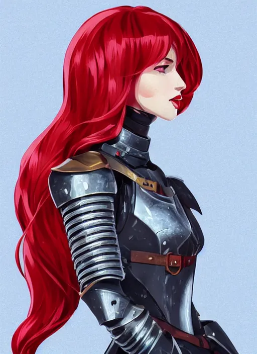 Image similar to a young woman in full plate armor with beautiful hair and red lips stages in a dramatic pose. she is a knight. clean cel shaded vector art. shutterstock. behance hd by lois van baarle, artgerm, helen huang, by makoto shinkai and ilya kuvshinov, rossdraws, illustration, art by ilya kuvshinov