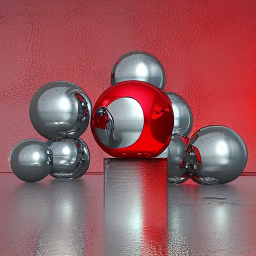 Prompt: chrome spheres on a red cube by wojciech siudmak