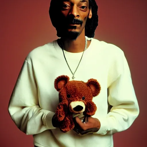 Image similar to Snoop Dogg holding a teddy bear for a 1990s sitcom tv show, Studio Photograph, portrait, C 12.0