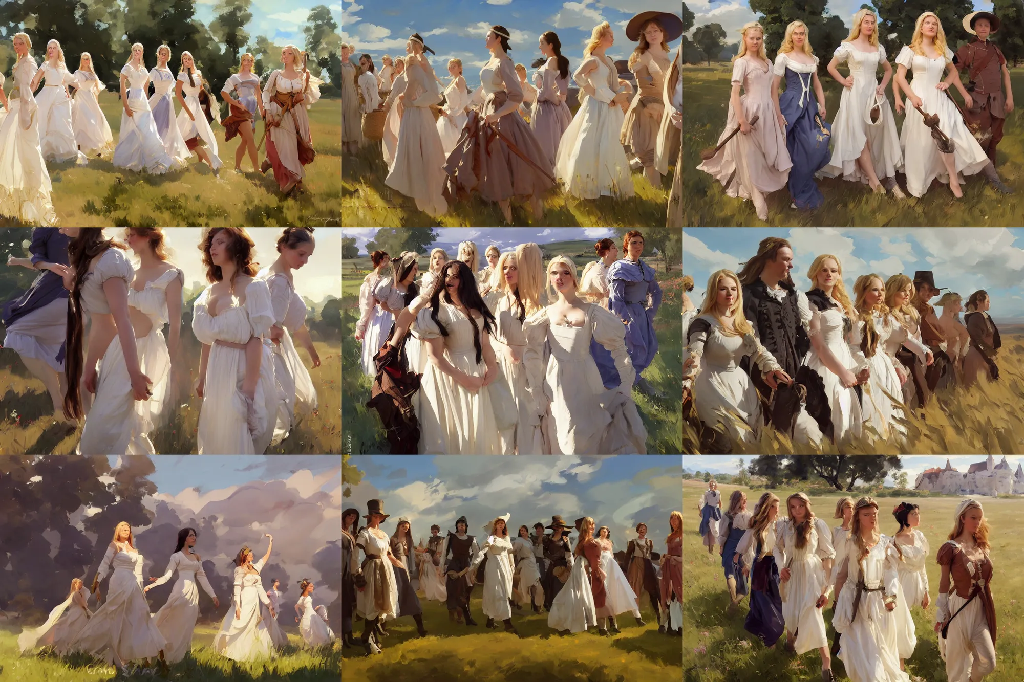 Image similar to group of beautiful finnish norwegian swedish scandinavian attractive glamour models wearing 1 7 th century mantua with low neckline walking in the field in a sunny day, jodhpurs greg manchess painting by sargent and leyendecker, studio ghibli fantasy close - up shot asymmetrical intricate elegant matte painting illustration hearthstone, by greg rutkowski by greg tocchini by james gilleard