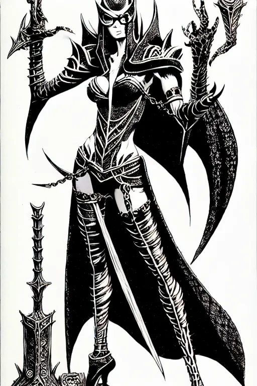 Image similar to bayonetta as a d & d monster, full body, pen - and - ink illustration, etching, by russ nicholson, david a trampier, larry elmore, 1 9 8 1, hq scan, intricate details, stylized border