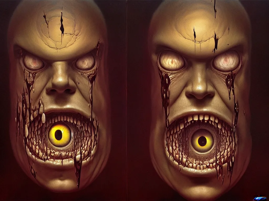 Image similar to a face split in two, one side furious and the other calm, one eye in the middle of the forehead with tears streaming down, large room with faceless beings watching, 4 k, art by jaroslaw jasnikowski