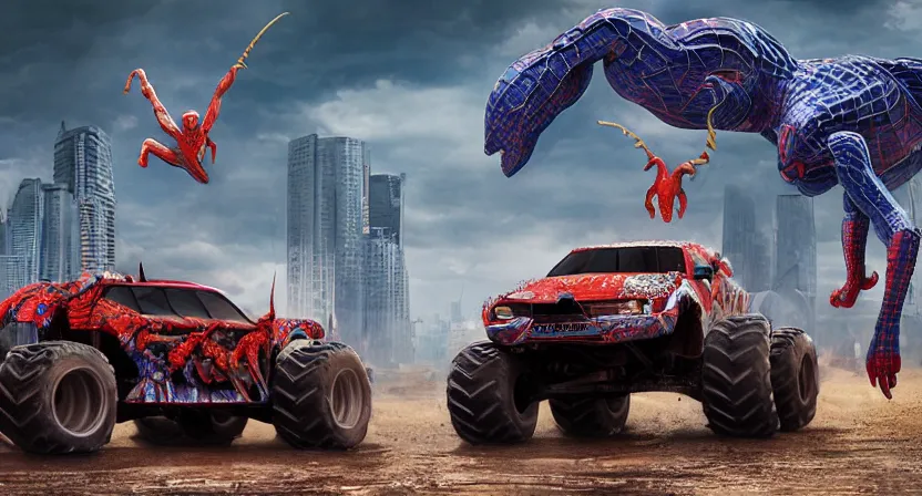 Image similar to a Unicorn monster truck and a Spiderman monster truck in an arena with cheering fans, concept art by Doug Chiang cinematic, realistic painting, high definition, digital art, symmetrical, very detailed, extremely high detail, photo realistic, concept art, unreal engine 5,