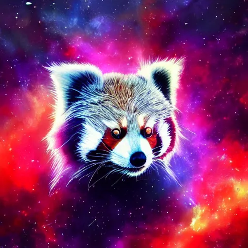 Image similar to geometric red panda with galaxy eyes in space, nebula in the background, intricate, elegant, highly detailed, digital painting, artstation, concept art, smooth, sharp focus, illustration, art by artgerm