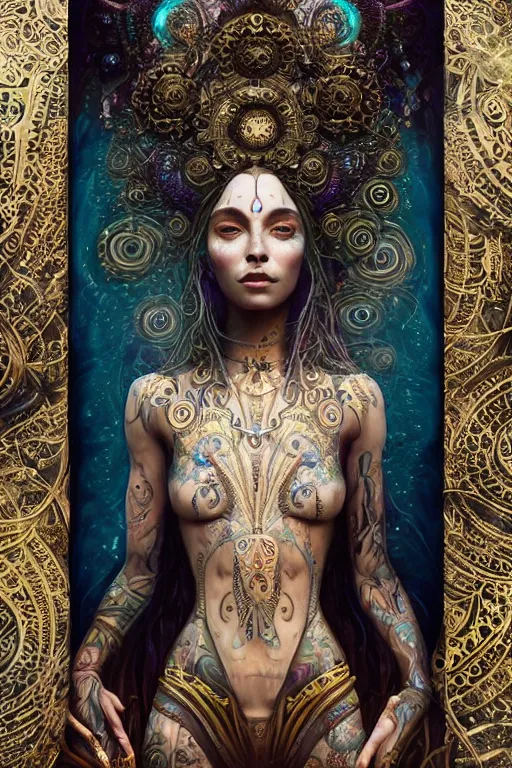 Prompt: a centered render of an mytical festival hippy with tribal tattoos wearing intricate metallic clothing surrounded by a underwater ink pour and flowing liquid gallium and sacred geometry, perfect body and face, gorgeous, cinematic, beautifully lit, by tom bagshaw, by karol bak, by donato giancola, 3 d, trending on artstation, octane render, 8 k