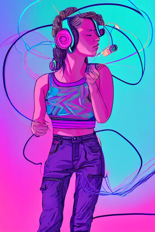 Image similar to a award winning half body portrait of a beautiful woman with stunning eyes in a croptop and cargo pants with ombre purple pink teal hairstyle dancing while listening to music with headphones on her ears by thomas danthony, surrounded by whirling illuminated lines, outrun, vaporware, shaded flat illustration, digital art, trending on artstation, highly detailed, fine detail, intricate