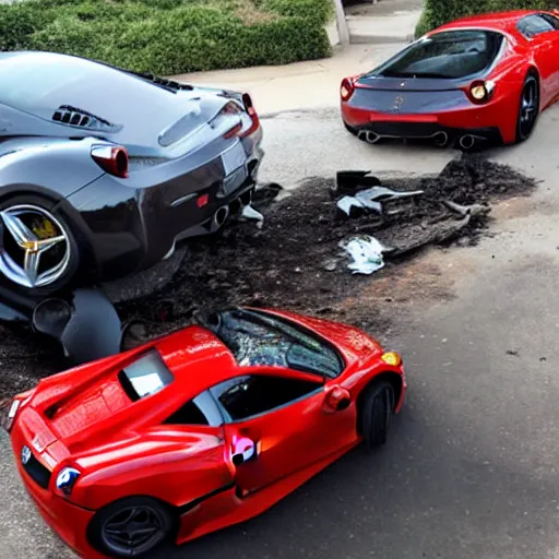 Prompt: completely crashed ferrari 4 5 8