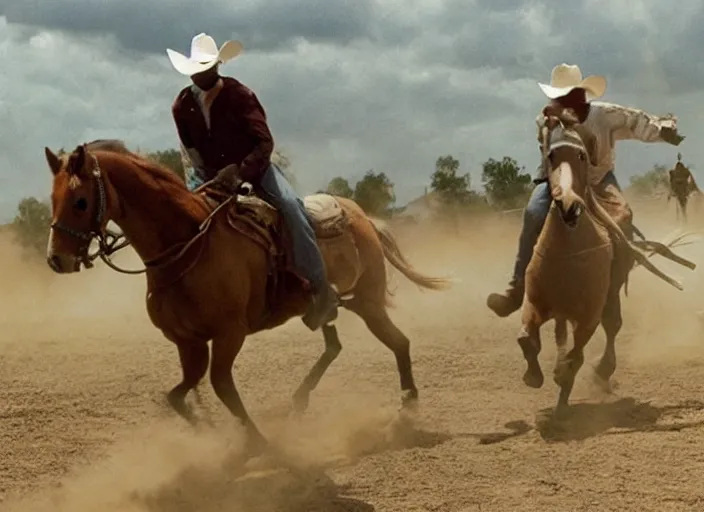 Image similar to a cowboy horse chase vigilantes with face masks disguise, shoot out, exploding horse wide shot, from the hit 1 9 9 0 s tv show on tnt