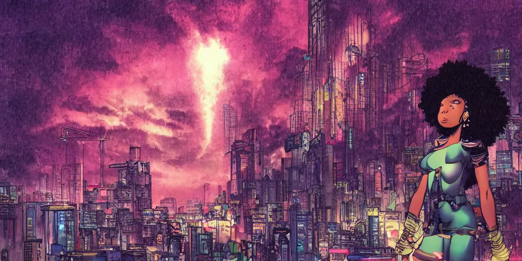 Image similar to an afropunk girl looking into an expansive afro futuristic city at night during a thunderstorm in the style of masamune shirow, anime, cinematic