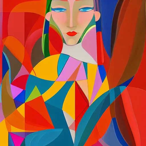 Prompt: a humanization of pure elegance, vibrant but serene colors, digital cubism