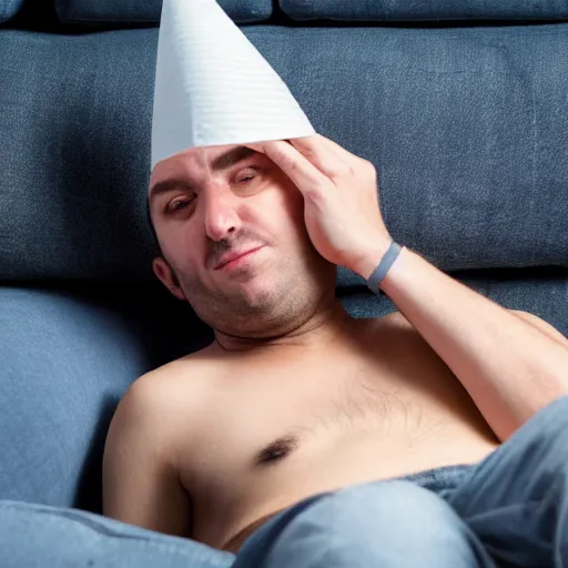 Image similar to drunk man slouched on the couch wearing a cone on his head