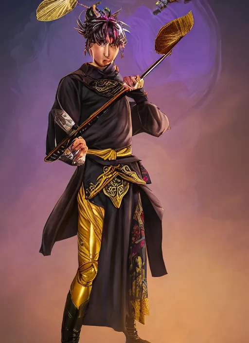 Image similar to An epic fantasy comic book style portrait painting of teenager boy with straight indigo hair, purple eyes with red eye markers, slim body, wearing a detailed Japanese kimono with golden armor pieces, holding a japanese fan. Unreal 5, DAZ, hyperrealistic, octane render, cosplay, RPG portrait, dynamic lighting