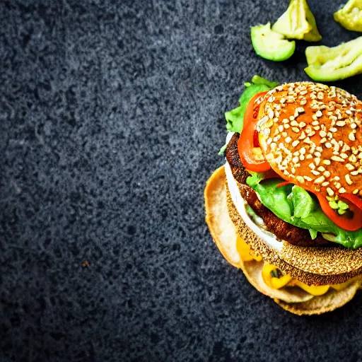 Prompt: vegan hamburger guacamole and crispy fried onion and fried egg toppings, crispy buns, 8 k resolution, professional food photography, studio lighting, sharp focus, hyper - detailed