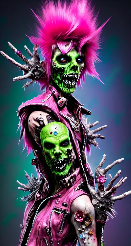 Prompt: action shot of a punk rock zombie with green skin and pink crystal mohawk, red leather jacket, covered in florals and gems, digital art, octane render, fantasy, photorealistic, cinematic lighting, art by hajime sorayama, wayne barlowe, boris vallejo