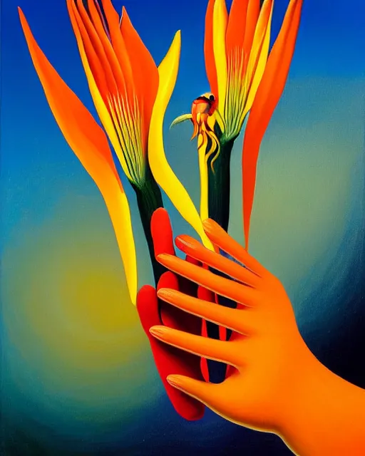Prompt: neo-surreal painting of hyperrealistic veiny human hands holding Birds of Paradise flowers dali robert steven connett dramatic orange light 8k high angle shallow depth of field