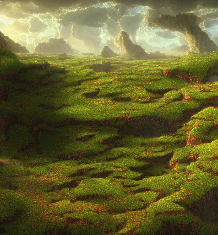 Prompt: detailed fractal tectonic landscape, in a vast wildflower garden landscape that meets the ocean, by glenn small, by albert bierstadt, photorealism, hyper realism, octane render, unreal engine, volumetric light, depth of field, volumetric clouds, god rays, lens flares, detailed, intricate, twin motion, megascan, high resolution, realistic render