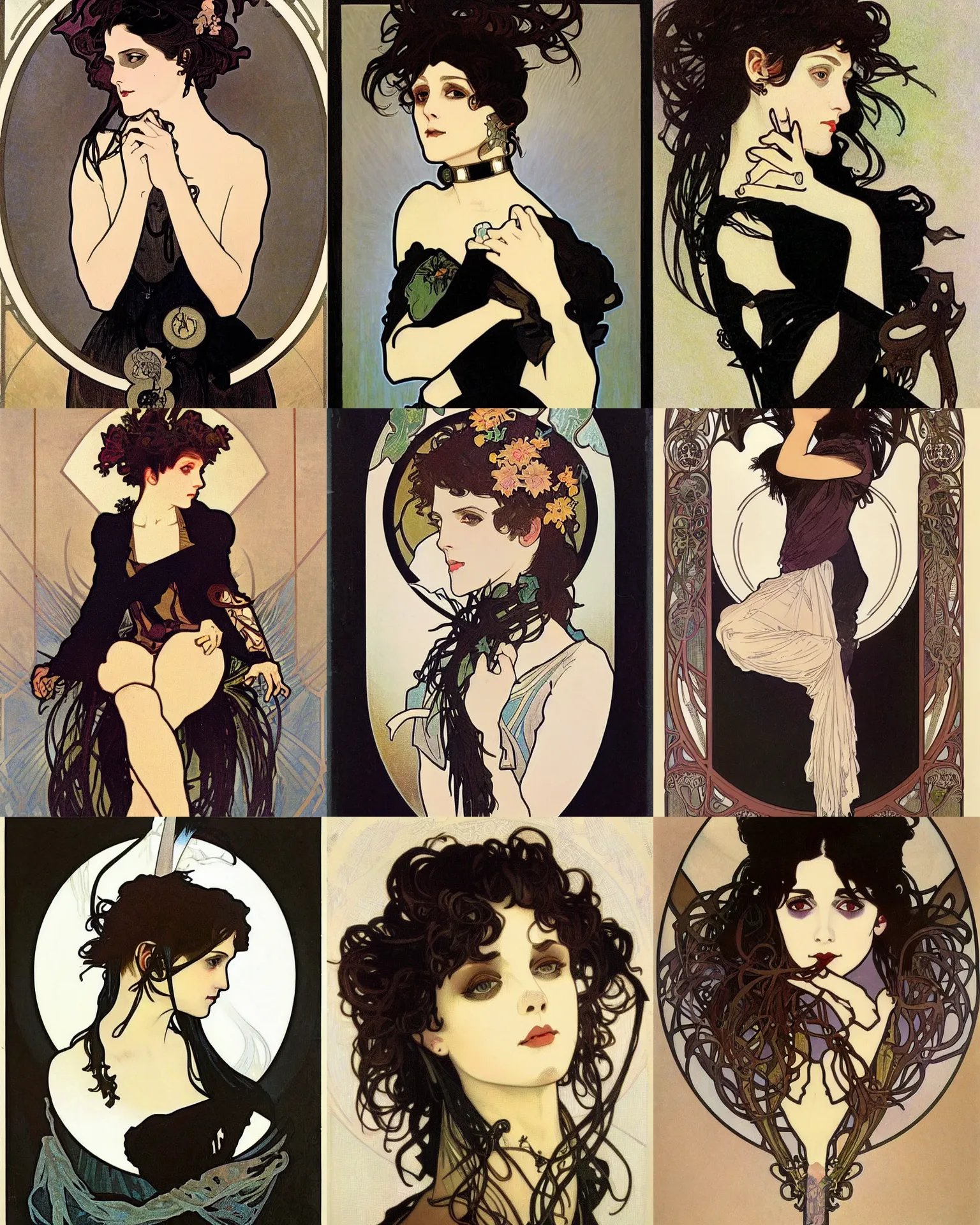 Prompt: A goth portrait by Alphonse Mucha. Her hair is dark brown and cut into a short, messy pixie cut. She has a slightly rounded face, with a pointed chin, large entirely-black eyes, and a small nose. She is wearing a black tank top, a black leather jacket, a black knee-length skirt, a black choker, and black leather boots.