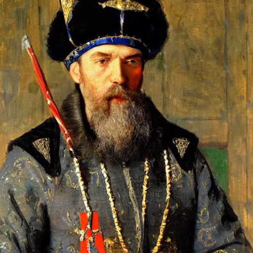 Image similar to portrait of medieval russian tsar in Cap of Monomakh sitting and holding iphone smartphone cellular masterpiece painting by vasnetsov and surikov serov, JEAN-VICTOR BERTIN, by Terence Cuneo, detailed, artfully traced, 4k resolution, cinematic, dramatic