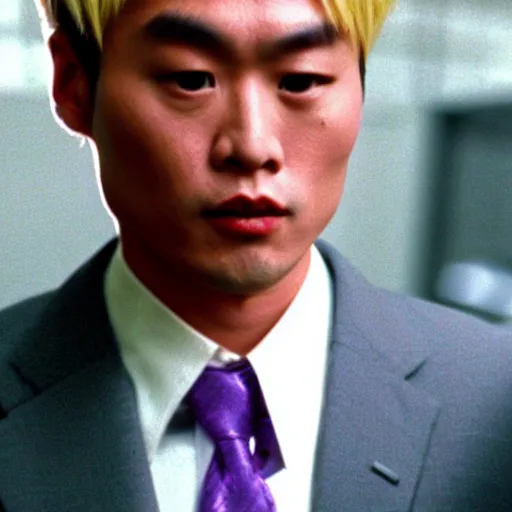 Image similar to a film still of a asian man with blonde hair wearing a purple suit in American Psycho(2000)