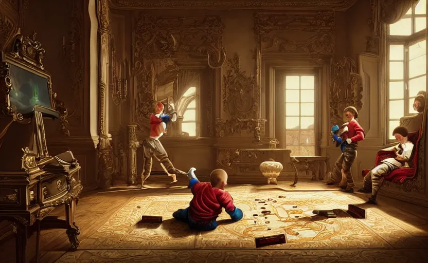 Prompt: 1 6 0 0 s, baroque, two boys playing game at a spacious gaming room with their hi - tech gaming setup, intricate, highly detailed, spacious, indoor, architecture, art by filip hodas and artgerm