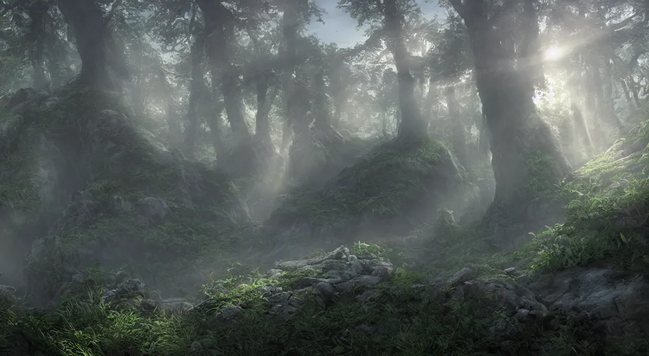 Image similar to photorealistic matte painting misty overgrowth undergrowth mr burns jagged rock features volumetric fog light rays high contrast dawn