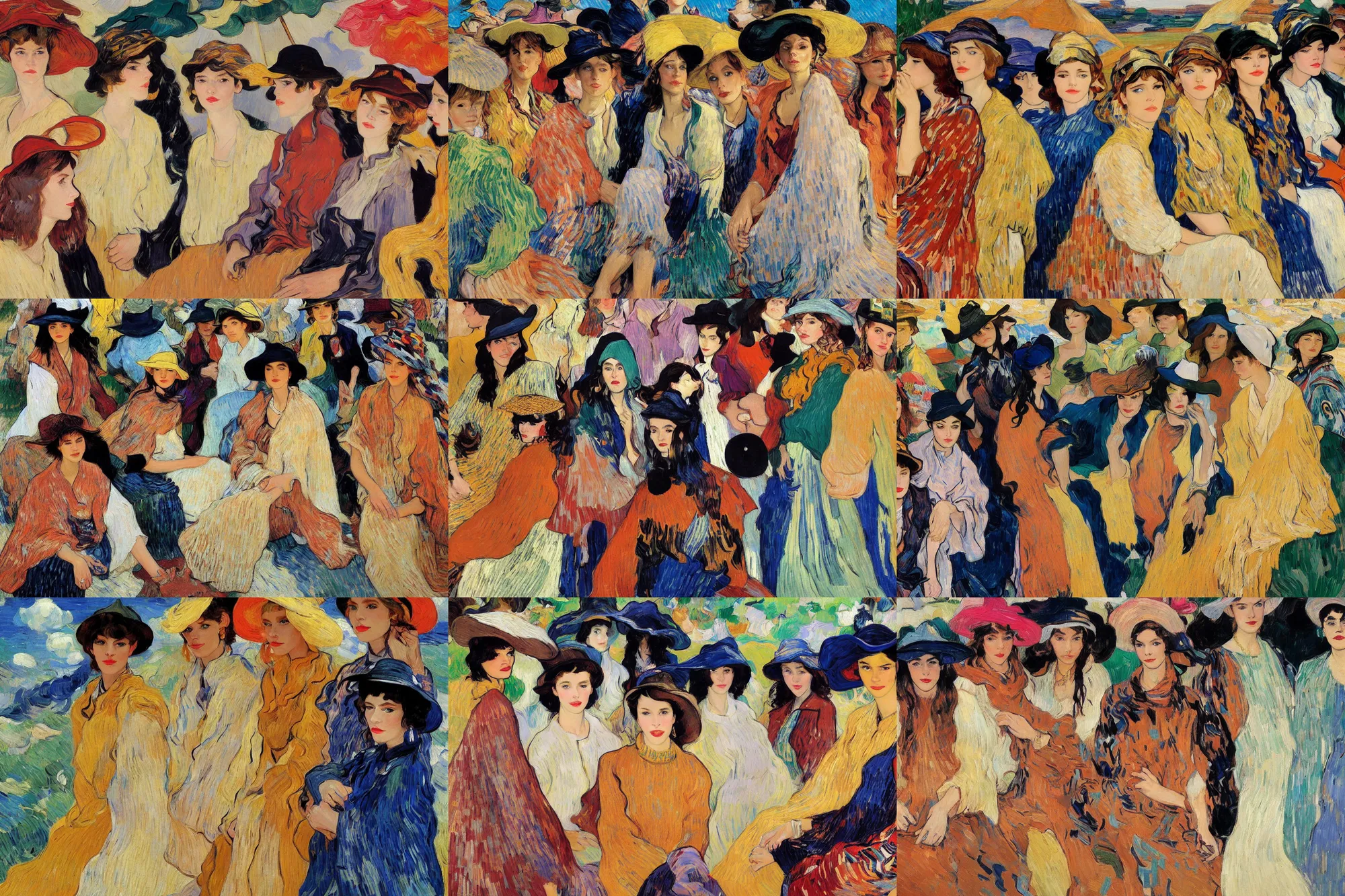 Prompt: portrait of group of fashionable young womans wearing rich jewerly hat and boho poncho, sitting dynamic pose, Low poly, thunder clouds in the sky, artwork by Joaquin Sorolla and nikolay feshin and waterhouse and filipp malyavin and klimt and van gogh and Dean Ellis and Detmold Charles Maurice, simple form, brutal shapes