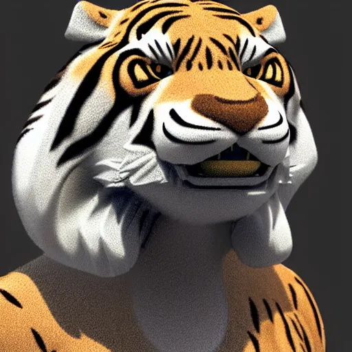 Prompt: anthropomorphized sabertooth tiger, 3d render, flat gray fur, polygon shapes