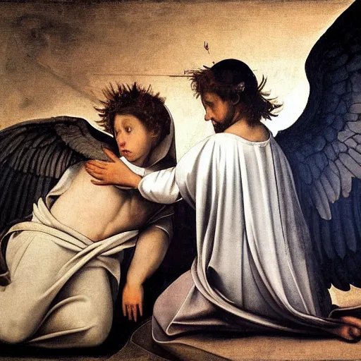 Image similar to 2 angels at the tomb of jesus, caravaggio, velasquez