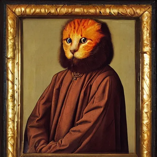 Prompt: portrait of a king with an orange cats head for a head, oil painting by jan van eyck, northern renaissance art, oil on canvas, wet - on - wet technique, realistic, expressive emotions, intricate textures, illusionistic detail