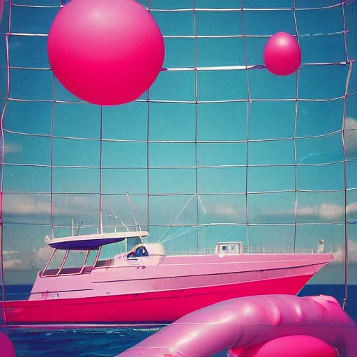 Prompt: a pastel colour high fidelity wide angle Polaroid art photo from a holiday album at a seaside of a large luxury pink ship in the sea surrounded by abstract inflatables parachute art, all objects made of transparent iridescent Perspex and metallic silver, a grid of sun beds iridescence, nostalgic