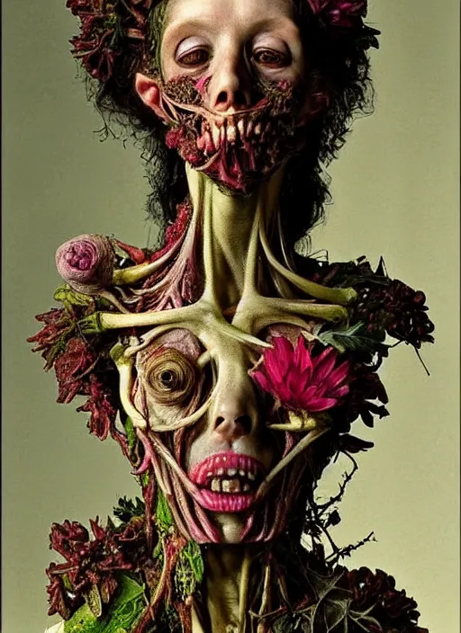 Image similar to beautiful and detailed rotten woman made of plants and many different types of flowers, muscles, intricate, organs, ornate, surreal, miguel angel, gustave courbet, caravaggio, romero ressendi, gunther von hagens