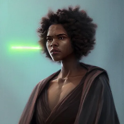 Image similar to portrait of a woman by greg rutkowski, young jedi knight, black, afro hair, pretty, star wars expanded universe, she is about 2 0 years old, wearing jedi robes, highly detailed portrait, digital painting, artstation, concept art, smooth, sharp foccus ilustration, artstation hq