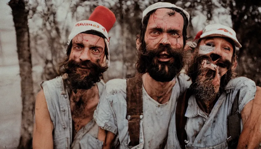 Image similar to far view, extremely skinny malnourished mario and luigi with long beard, wearing dirty overalls, dirty greasy face, grin, portrait, close up, kodak gold 2 0 0, 5 0 mm,