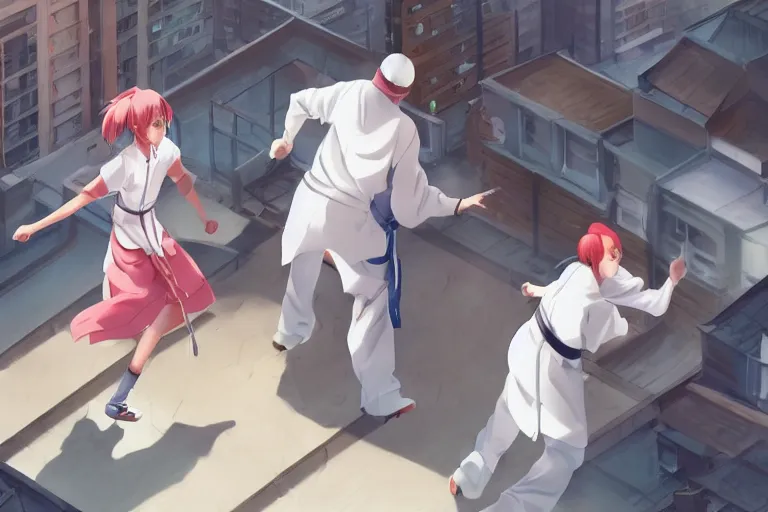 Prompt: a cute young female ninja nurse wearing white coat is attacking an old custodian on a harlem rooftop, lighting, anime scenery by Makoto shinkai