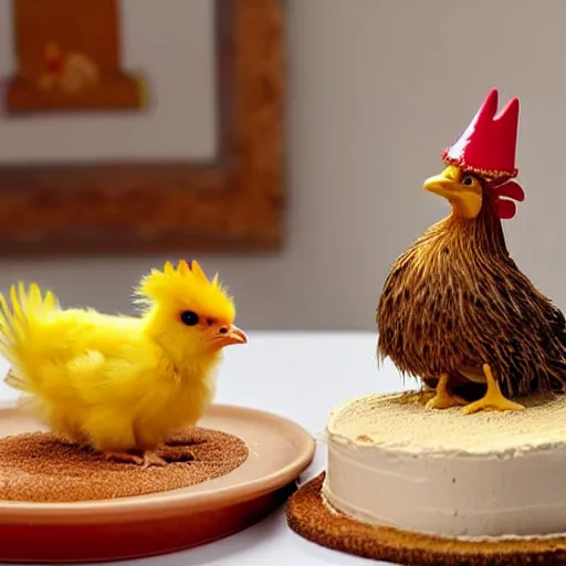 Image similar to a light yellowish down-covered baby chick and a rooster are near a birthday cake having 3 candles