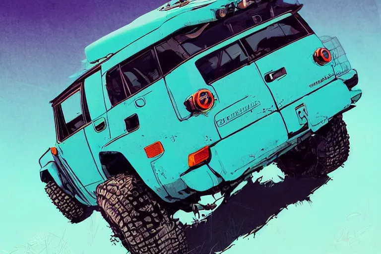 Image similar to digital illustration of a futuristic faded cyan mad max's fj 4 0 decrepit!!!! pursuit special, rusty!!! cyberpunk nissan fj cruiser heavily modded 1 9 9 0 s, the last v 8 interceptor by makoto shinkai, ilya kuvshinov, lois van baarle, rossdraws, basquiat