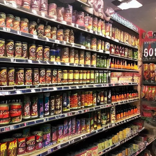 Image similar to store selling cans of nightmare fuel, stunning cinematography, light diffusion