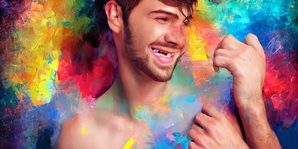 Prompt: beautiful young man smiling running his hand through his hair, digital art, colourful, digital art, realistic, seductive.