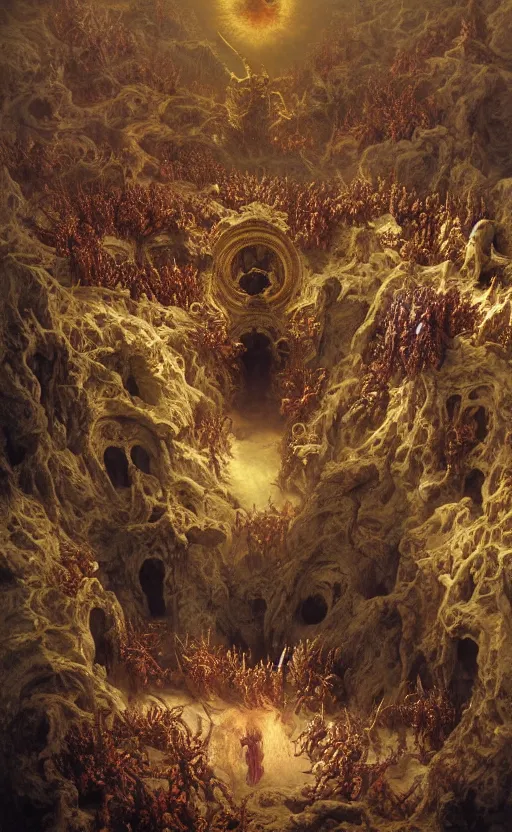 Prompt: hordes of demons breaking into heaven, baroque architecture, detailed, vivid colors, masterpiece painting, octane render, volumetric lighting, cinematic, by gustave dore, by michelangelo, by beksinski