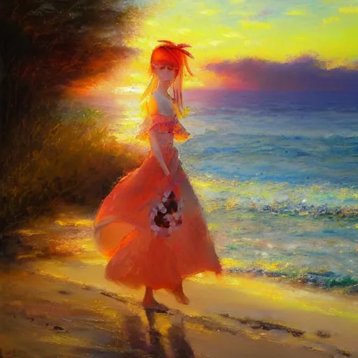 Image similar to Beautiful portrait of Kirisame Marisa at sunset on the beach, touhou project, oil painting by Antoine Blanchard, sold at an auction, oil on canvas, official artwork , wide strokes, pastel colors, soft lighting