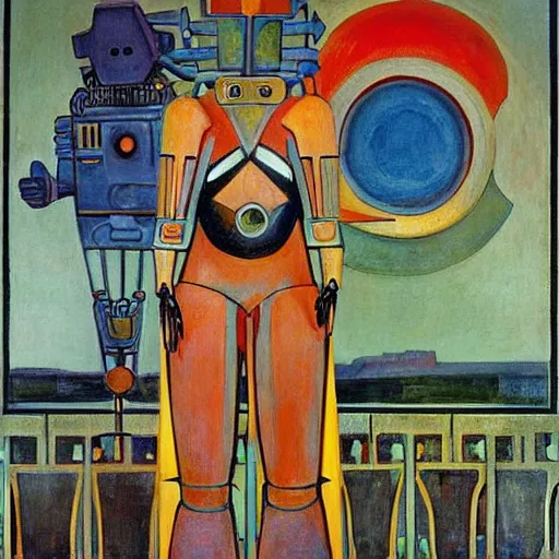 Image similar to the crow in her robot mask stands on the lawn, by annie swynnerton and kit williams and diego rivera and leo and diane dillon and nicholas roerich, symbolist, dramatic lighting, elaborate geometric ornament, art brut, god rays, soft cool colors, smooth, sharp focus, extremely detailed