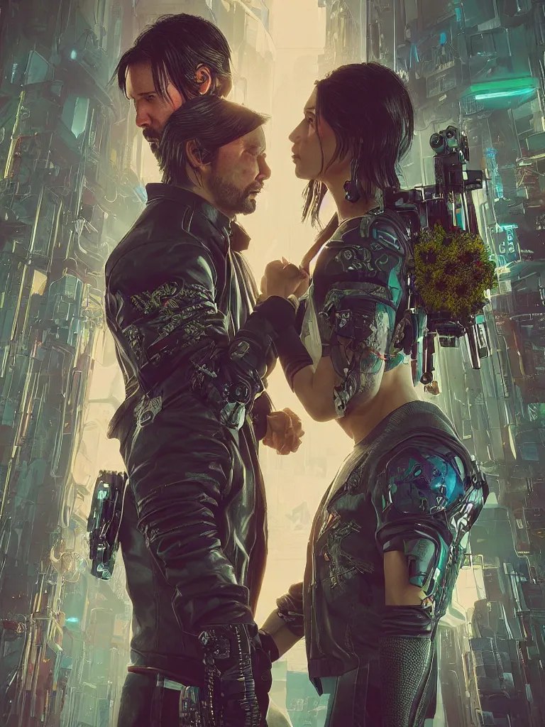 Image similar to a cyberpunk 2077 wedding couple portrait of Keanu Reeves and V in love story,pray,hug,hold,kiss,film lighting,by Lawrence Alma-Tadema,Andrei Riabovitchev,Laurie Greasley,Dan Mumford, John Wick,Speed,Replicas,artstation,deviantart,FAN ART,full of color,Digital painting,face enhance,highly detailed,8K,octane,golden ratio,cinematic lighting