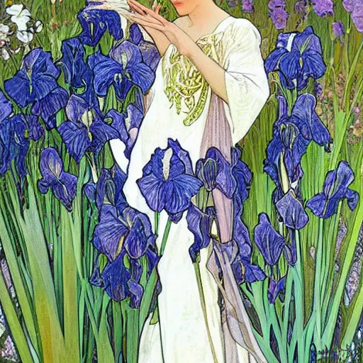 Prompt: a seamless pattern of irises and calla lilies, art by alphonse mucha, art by sherree valentine daines