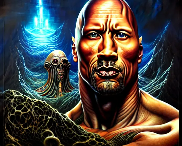 Image similar to lovecraft biopunk portrait of dwayne johnson, fractal background, by tomasz alen kopera and peter mohrbacher