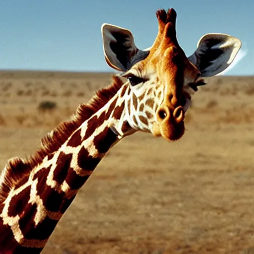 Image similar to film still of a (giraffe) with a (((sign))) that says ((wanna play))