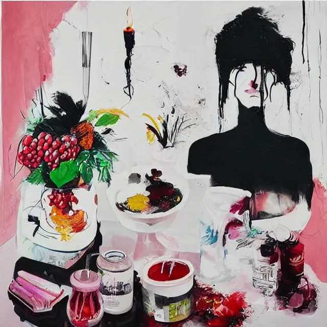 Image similar to “ a portrait in a female art student ’ s apartment, sensual, a pig theme, art supplies, paint tubes, ikebana, herbs, a candle dripping white wax, black walls, squashed berries, berry juice drips, acrylic and spray paint and oilstick on canvas, surrealism, neoexpressionism ”