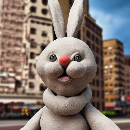 Prompt: a clay sculpture of a funny bunny, new york city background, hyper realistic, 3 d render